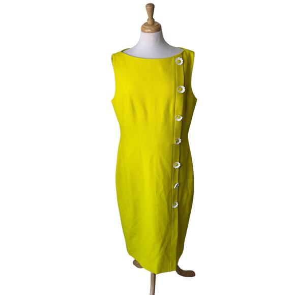 LELA ROSE Floral Button Wool Blend Crepe Dress Chartreuse  Yellow Size 16 - Picture 1 of 12
